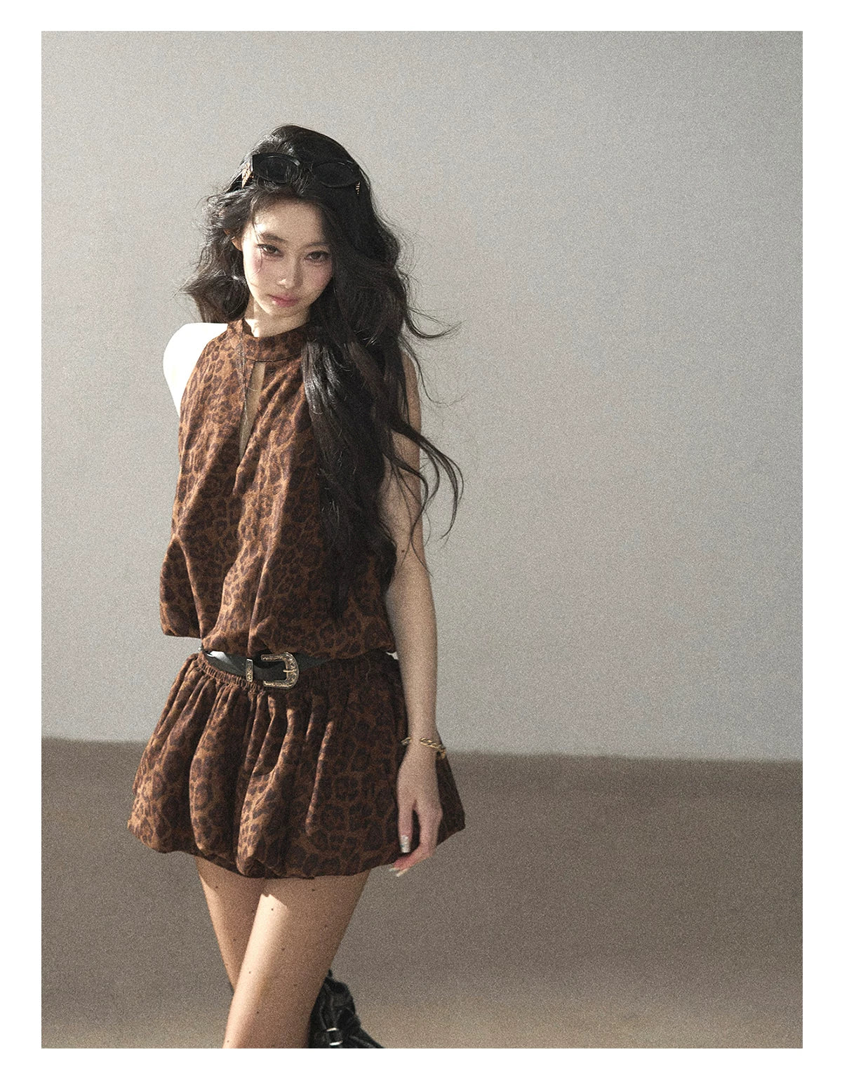 AOMALM - Merlot Leopard Print Bubble Sleeve Dress with Vintage Belt