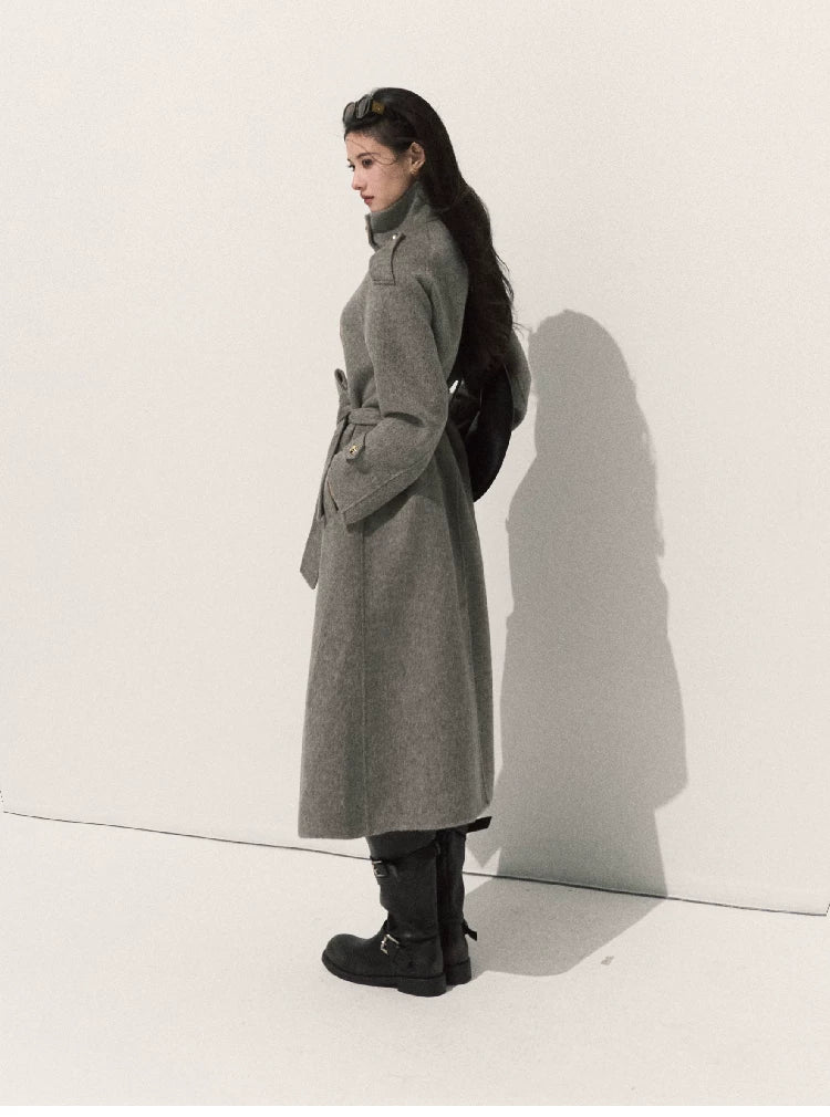 OAKMOO/ Pure Wool Belted Double-Faced Stand Collar Coat (Silver Blue / Flint Gray)