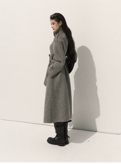 OAKMOO/ Pure Wool Belted Double-Faced Stand Collar Coat (Silver Blue / Flint Gray)