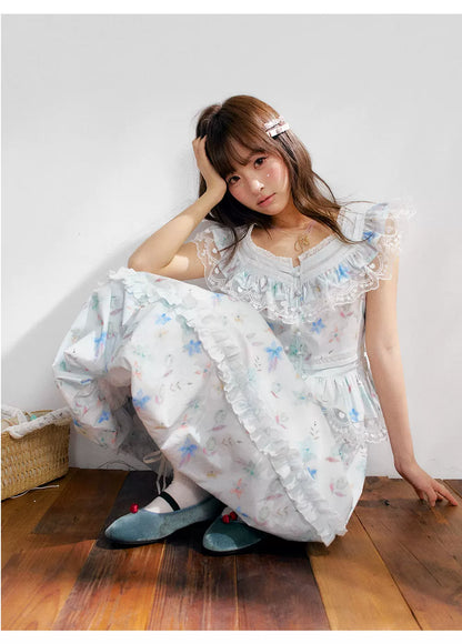 “Mint Blossom Isle” Blue Lace Trim Top & Bubble Hem Skirt