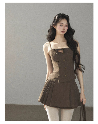 AOMALM - “Evening Breeze in the Valley” Chestnut Brown Blazer, Cami & Pleated Skort Set
