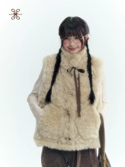 Horridale - Cream Beige Reversible Knit Vest with Detachable Bow