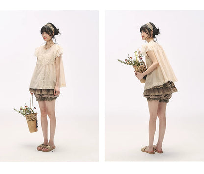 "Apricot Blossom Letter" Oatmeal Lace Patchwork Short Sleeve Blouse