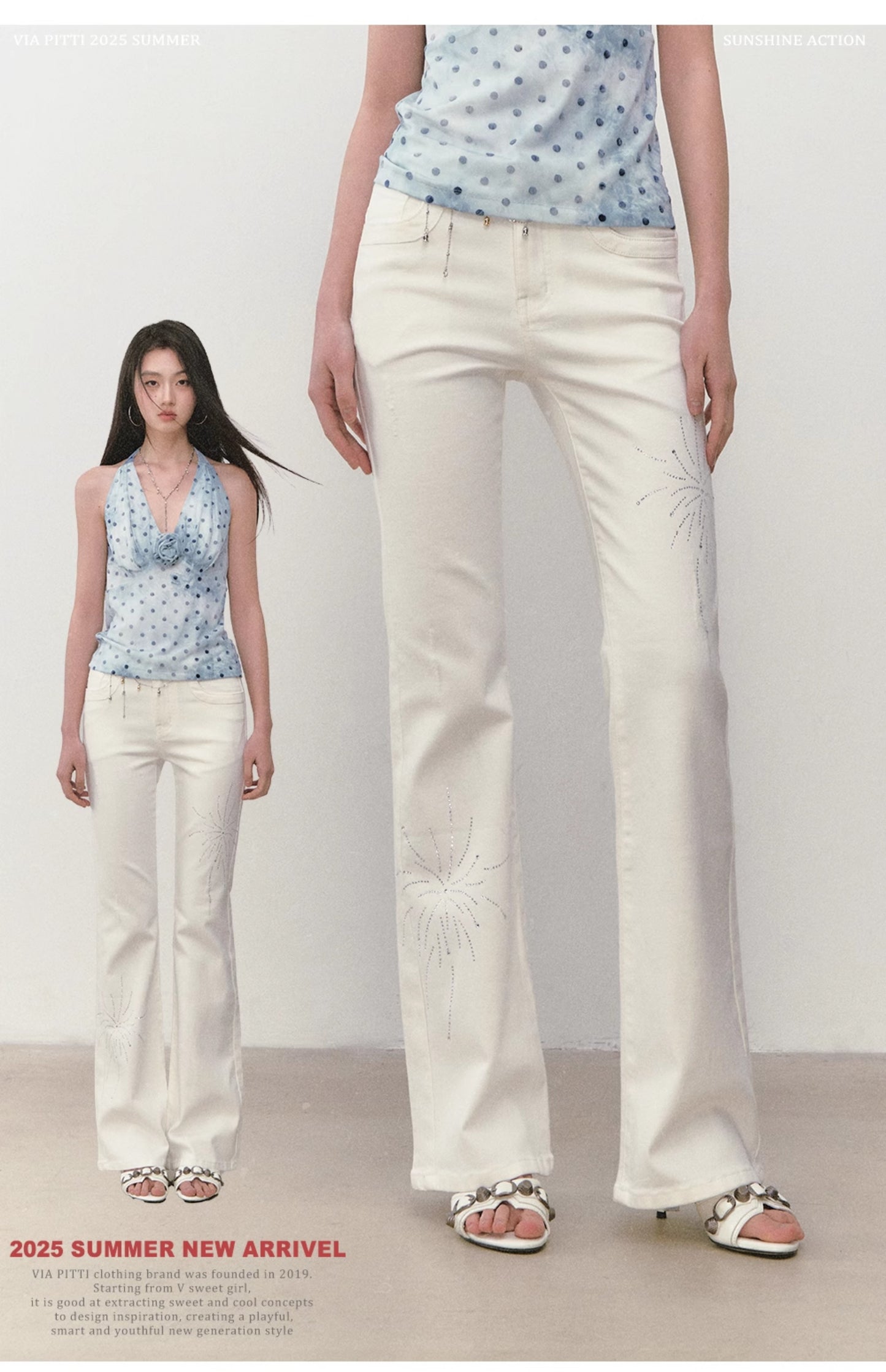 VIAPITTI - Rhinestone Firework Flare Jeans (White / Washed Blue)
