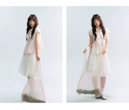 "Rosy Whisper" Dusty Pink Bow Embroidered Puff Sleeve Blouse