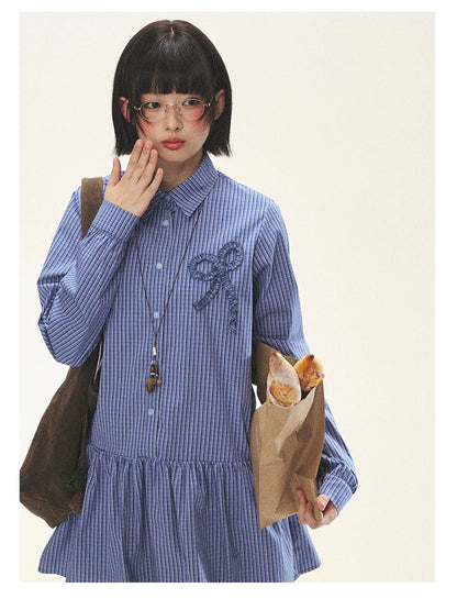 "Holiday Blues" Blue Plaid Bow Shirt Mini Dress