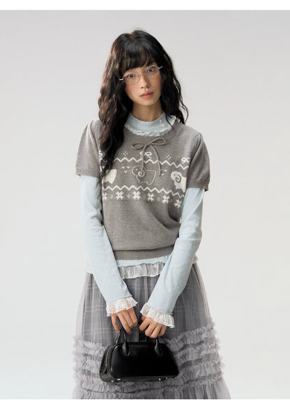 [CAN] "Little Lamb Adventure" Gray Jacquard Bow-Detail Short Sleeve Knit Top