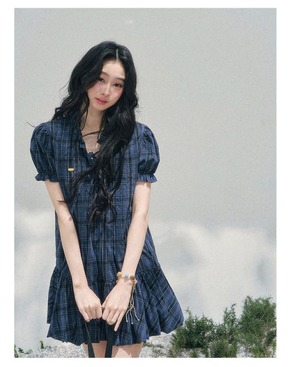 “Soft Pleats in Motion” Academy Blue Bubble Mini Dress