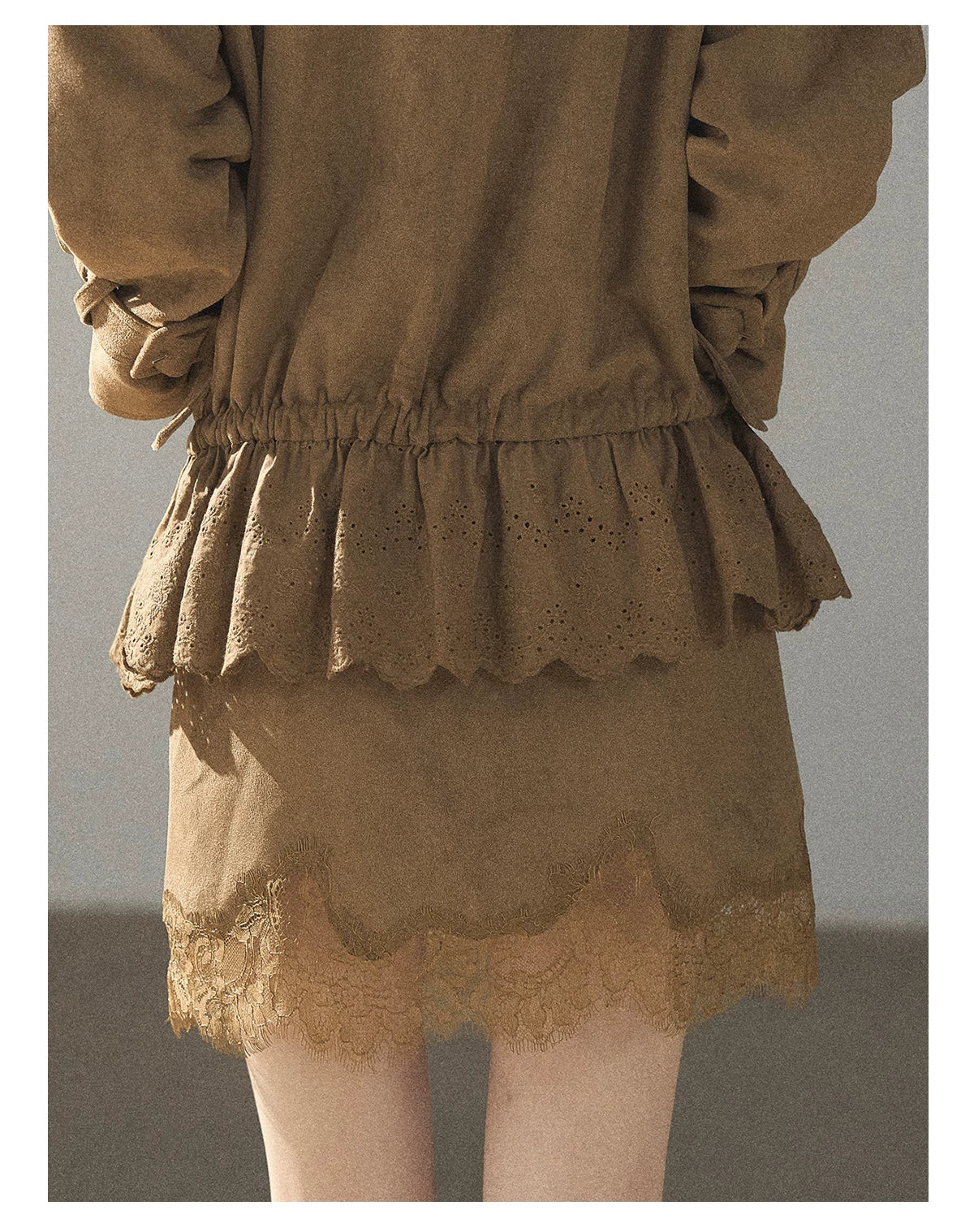 AOMALM - Sandstone Brown Faux-Suede Jacket & Lace-Trim Mini Skirt Set