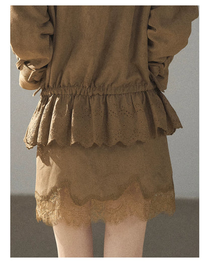 AOMALM - Sandstone Brown Faux-Suede Jacket & Lace-Trim Mini Skirt Set