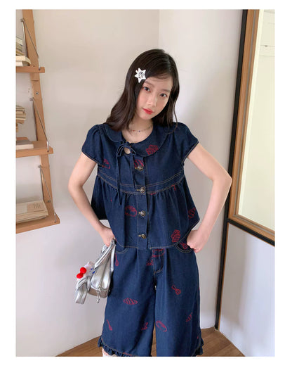 [RF] “Sweet Rebel Denim” Navy Embroidered Ruffle Top & Relaxed Pants Set