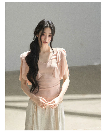 "Where Clouds Fall" Ruffle Sleeve V-Neck Crop Top (Forest Green/ Sage Gray/ Misty Blue/ Cinnamon Pink)