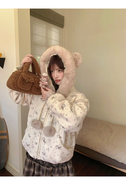 阮阮自制 - Honey Bear Ivory Plush Padded Jacket & Fleece Pants Set