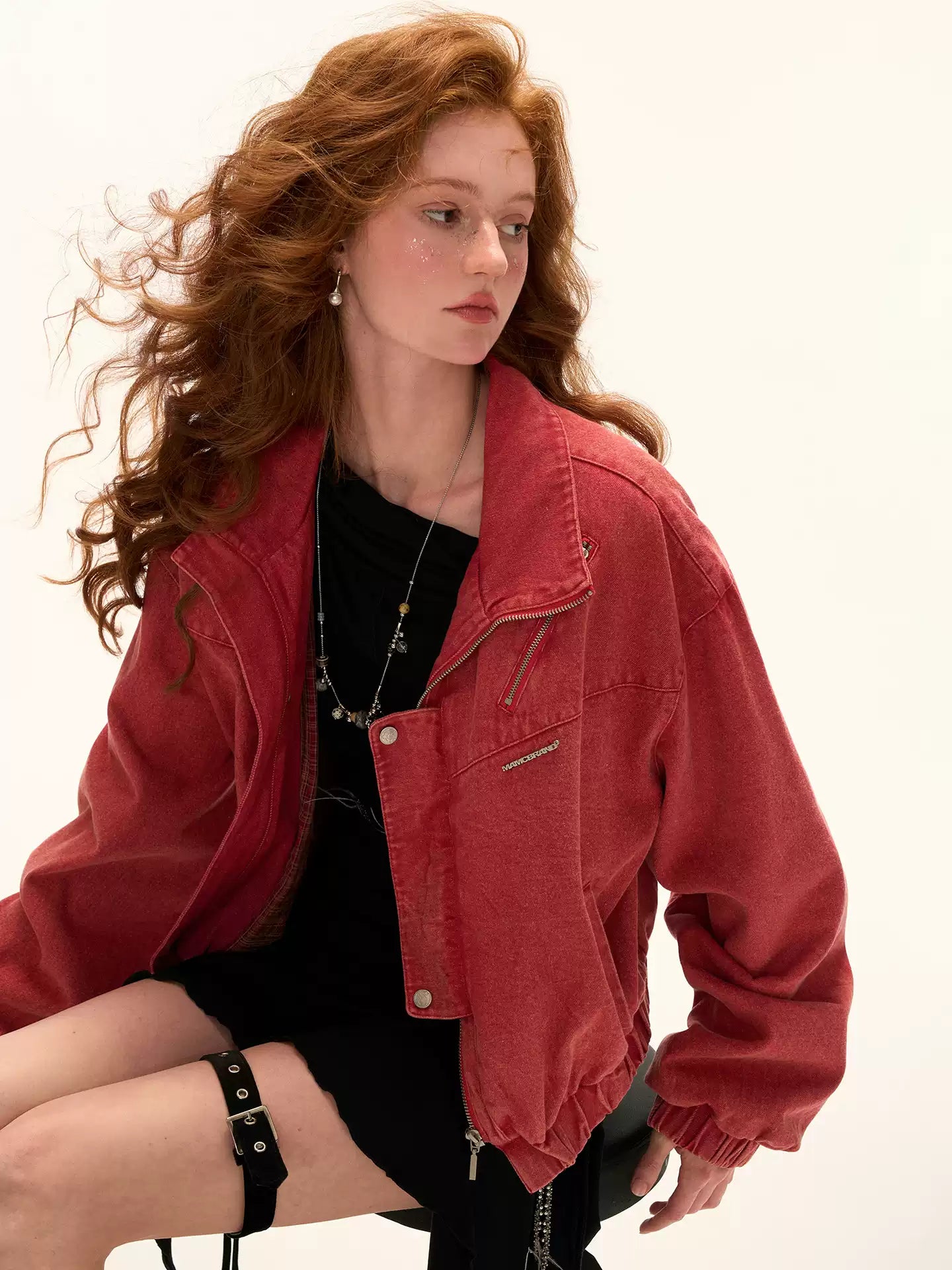 MAMC - Red Cropped Utility Jacket with Stand Collar WE734
