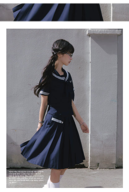 "Evening Star" Navy Sailor Uniform Collection (Sailor Blouse with Scarf / Pleated Midi Skirt)