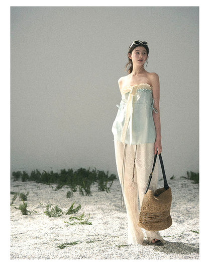 “Blue Whispers on Ivory” Mint Ruffle Bustier Top