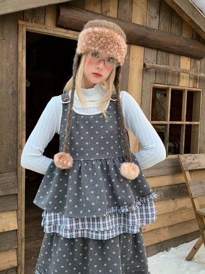 RF - Gray Floral Pinafore Top and Plaid Ruffle Skirt Set