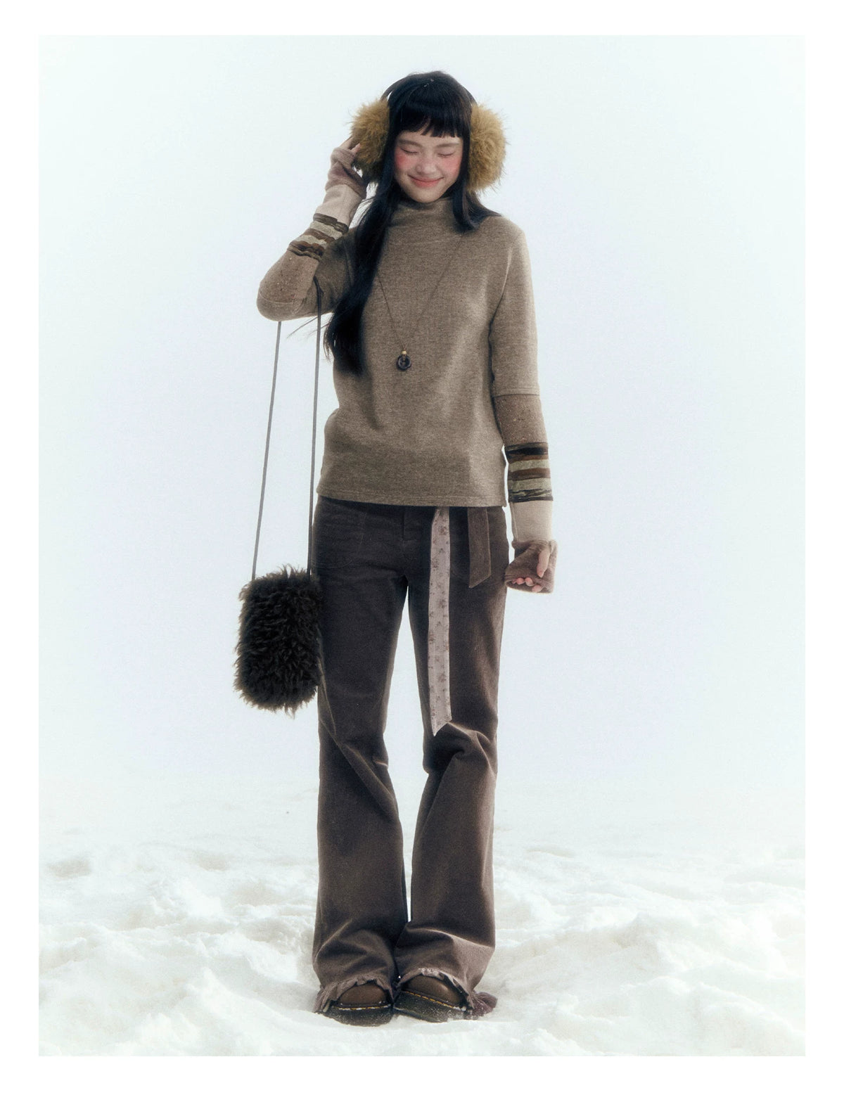 Horridale - Milk Tea Brown Floral Belt Corduroy Flare Pants