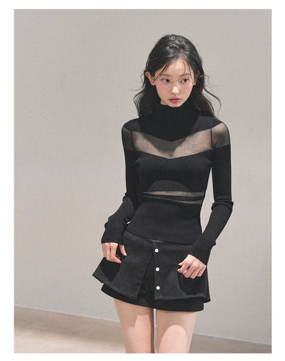 少也眼 “Whisper of Nightfall” Sheer-Panel Mock-Neck Knit Tee - Black 11.18-4