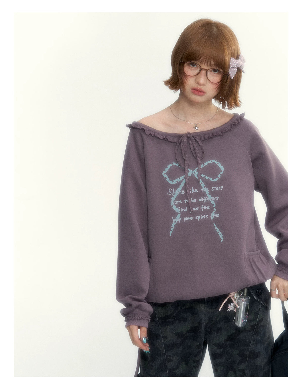 Deep Purple Bow-Tie Lettuce-Trim Off-Shoulder Sweatshirt