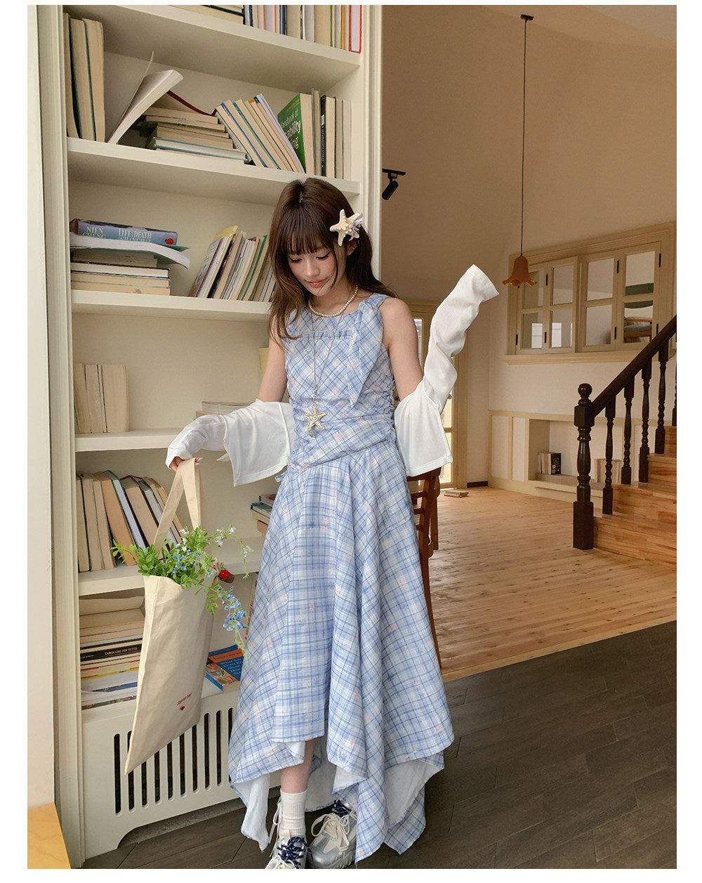 “Blue Meadow Reverie” Blue Plaid Floral Maxi Dress