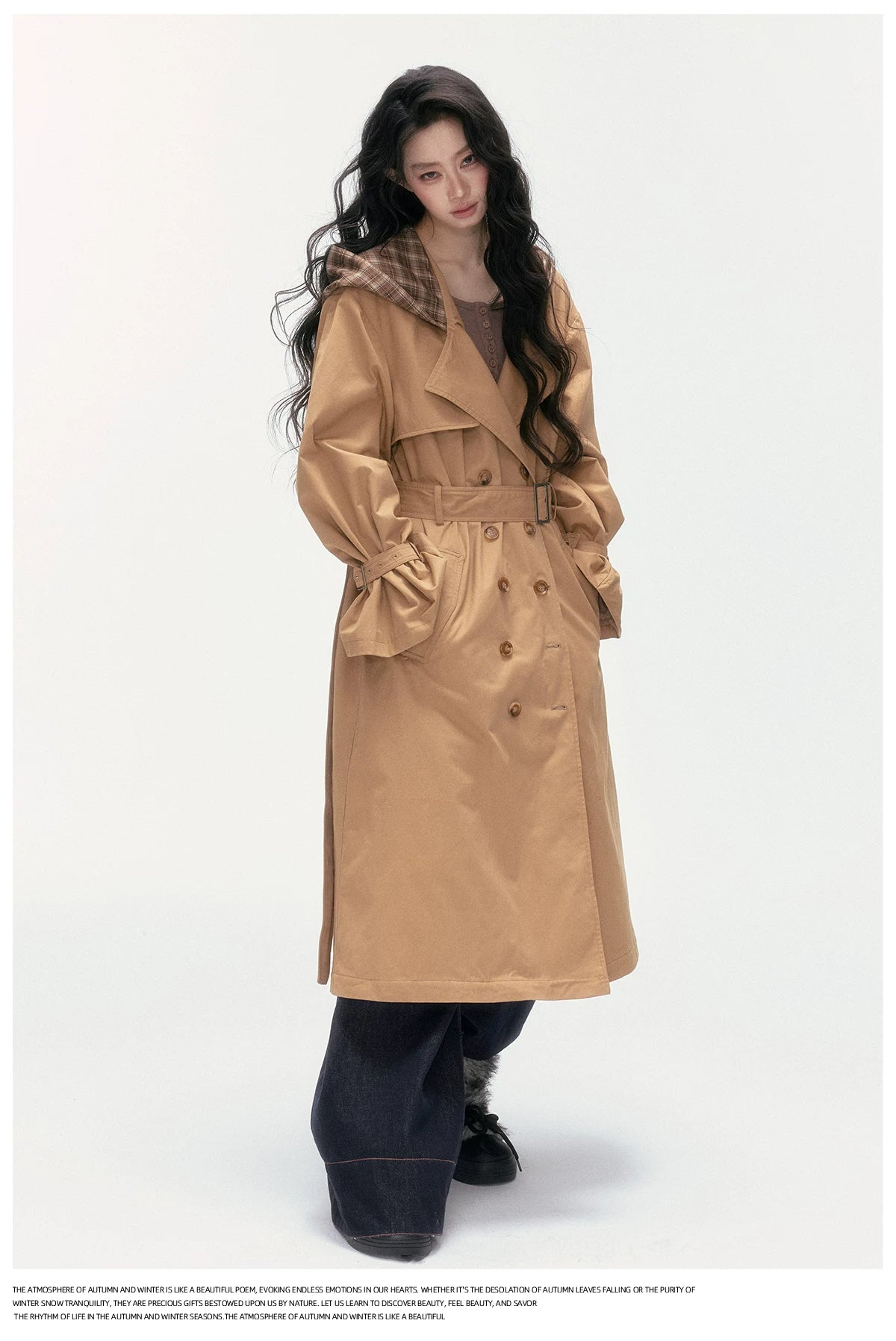 24olvides - Brown Long Padded Trench Coat with Plaid Hood