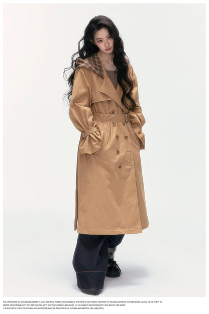 24olvides - Brown Long Padded Trench Coat with Plaid Hood