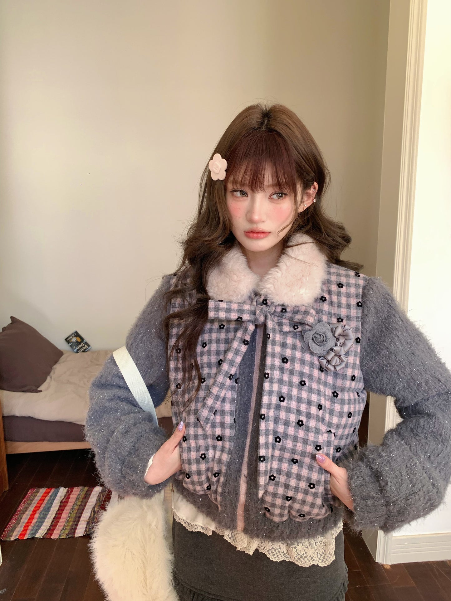 阮阮自制 - Soft Ruffle Dark Gray Tweed Skirt