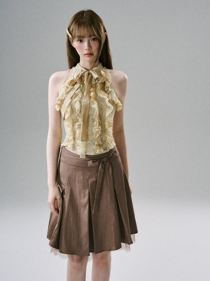 LOST FOREST - Satin Lace Midi Skirt with Bow Detail (Red-Brown / Deep Black)