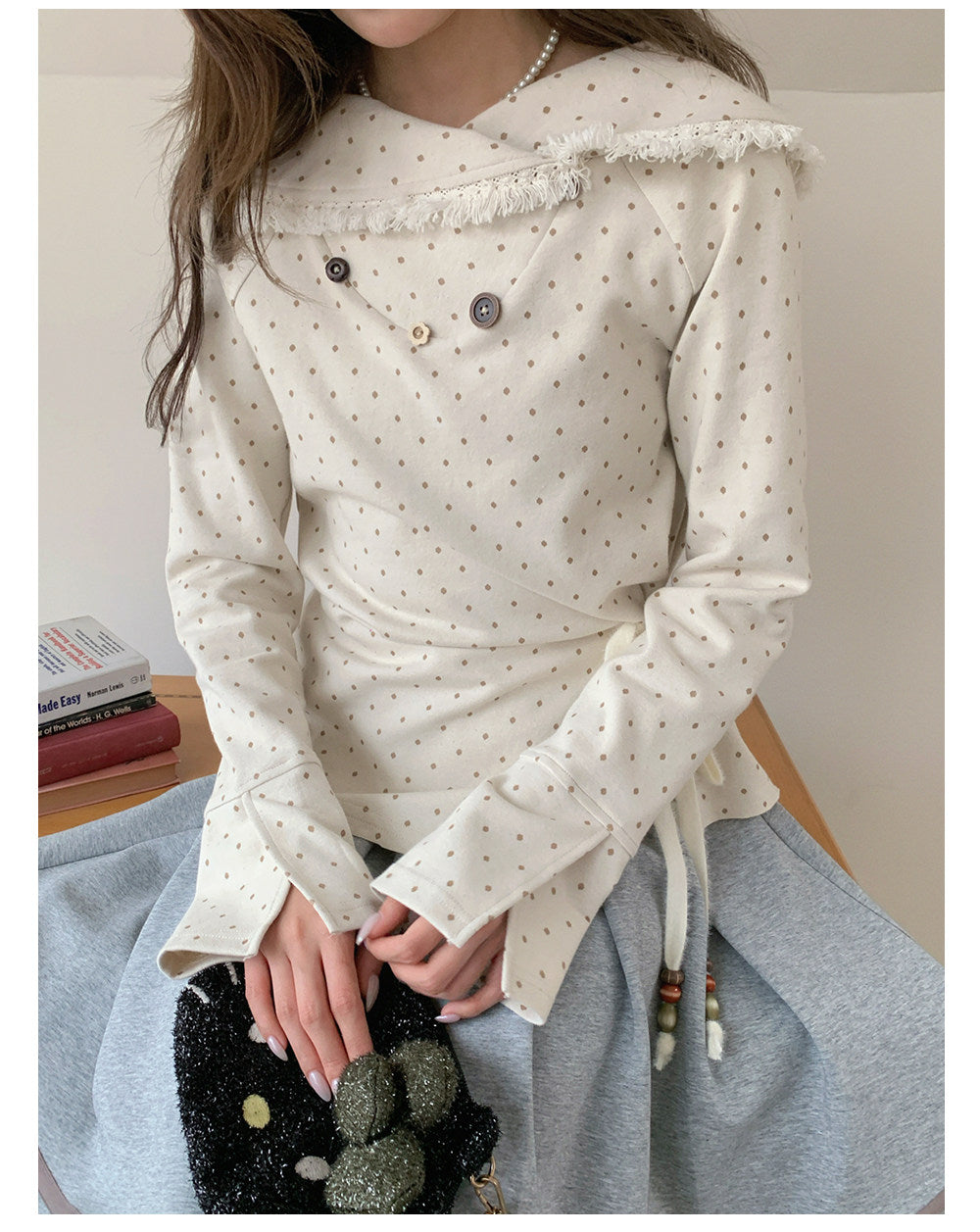 “Mocha Poetry Reverie” Ivory Polka Fringe Sweatshirt