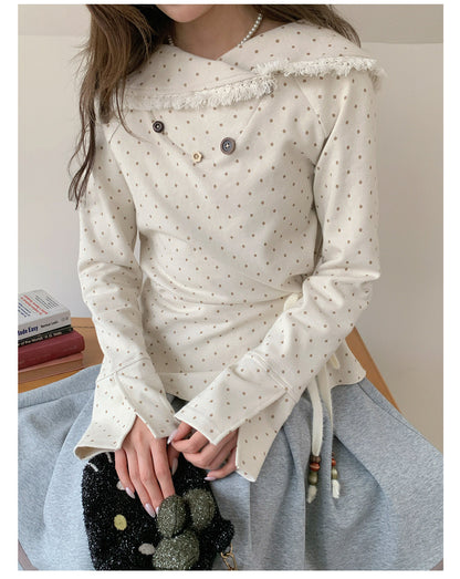 “Mocha Poetry Reverie” Ivory Polka Fringe Sweatshirt