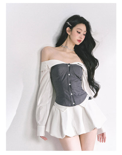 少也眼 "London Crush" Off-Shoulder Dual-Layer Long-Sleeve Spicy Girl Tee - Gray White
