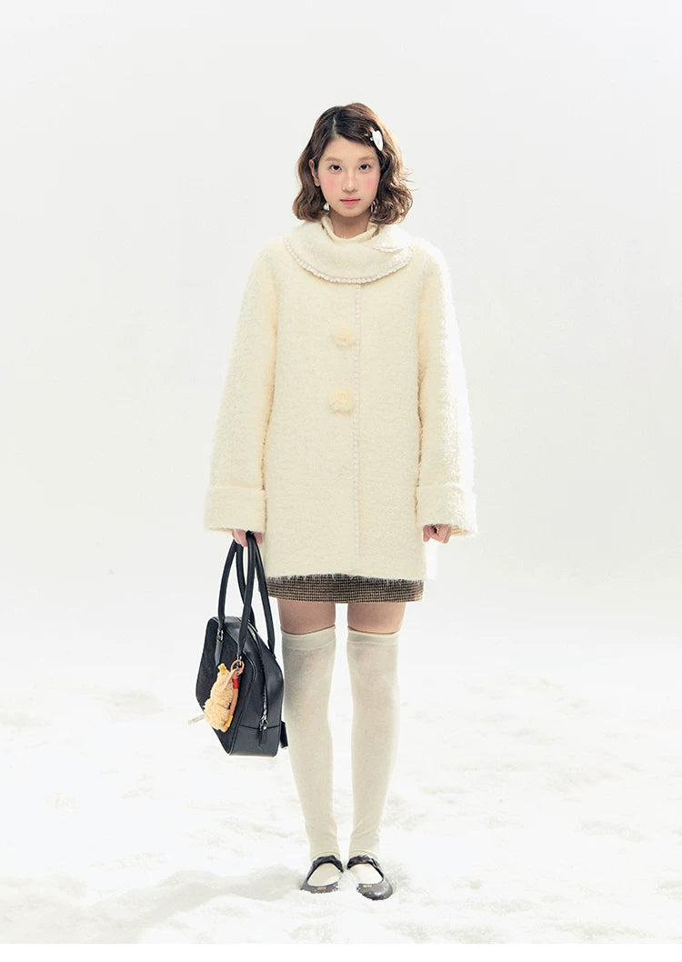 "Snow-Kissed Sakura" Ivory Wool-Blend Quilted Mid-Length Coat with Detachable Plush Flowers
