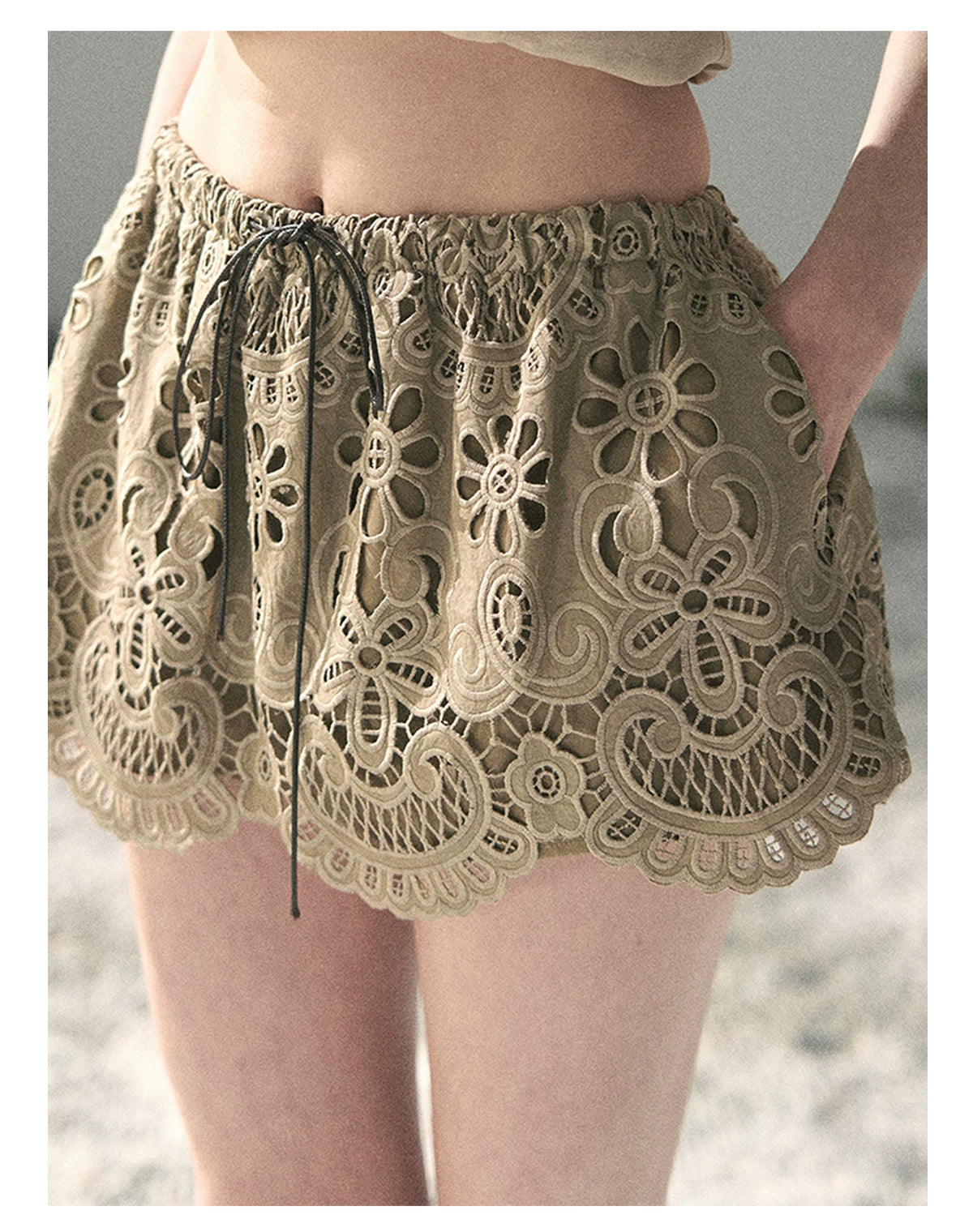 “Lost in Your Embrace” Roasted Pecan Lace Puff Skort