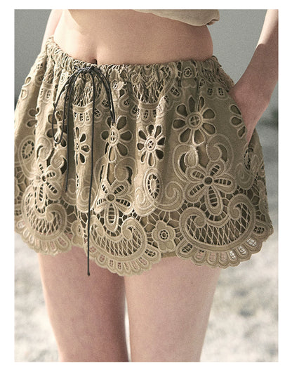“Lost in Your Embrace” Roasted Pecan Lace Puff Skort