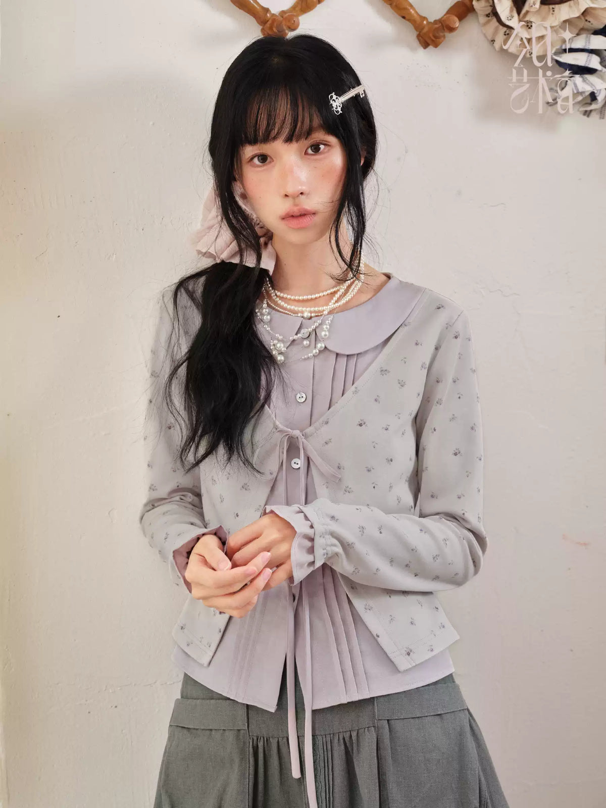 DAILY ARTIST - Purple Floral Faux-Layered Doll-Collar Knit Cardigan