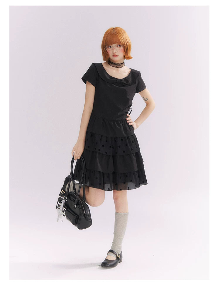 “Midnight Sweetheart” Black Korean-Style Bow Polka Dot Tiered Dress