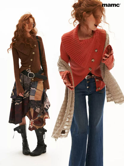 MAMC - Recycled Airy-Knit Fitted Turtleneck Sweater (Orange / Brown)