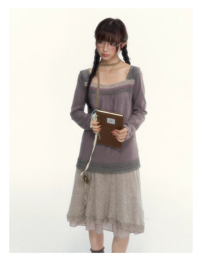 Gray Purple Lace-Trimmed Square-Neck Long-Sleeve T-Shirt