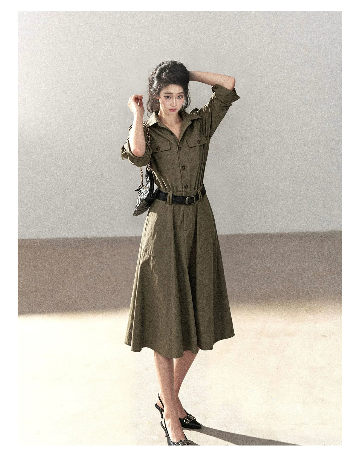 AOMALM - Sandstone Brown Utility Polo Shirt Dress with Belt