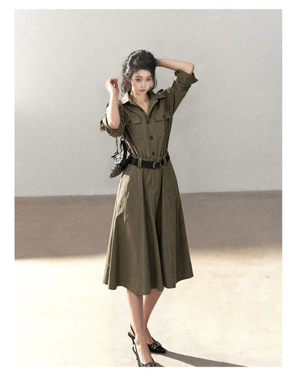AOMALM - Sandstone Brown Utility Polo Shirt Dress with Belt