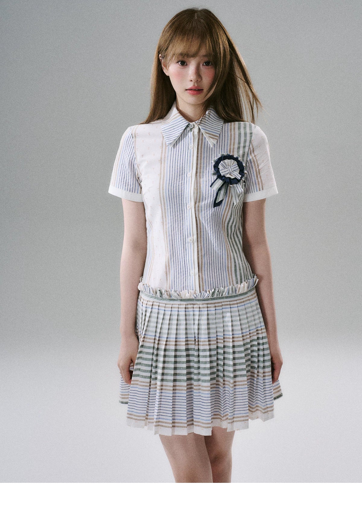 LOST FOREST - Blueberry Striped Pleated Cotton Mini Dress