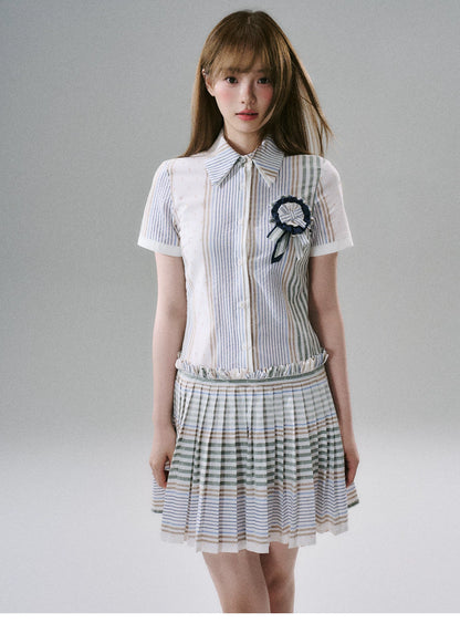 LOST FOREST - Blueberry Striped Pleated Cotton Mini Dress