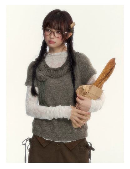 “Hazelnut Mousse” Tea Brown Vintage 3D Floral Ruffle Knit Top