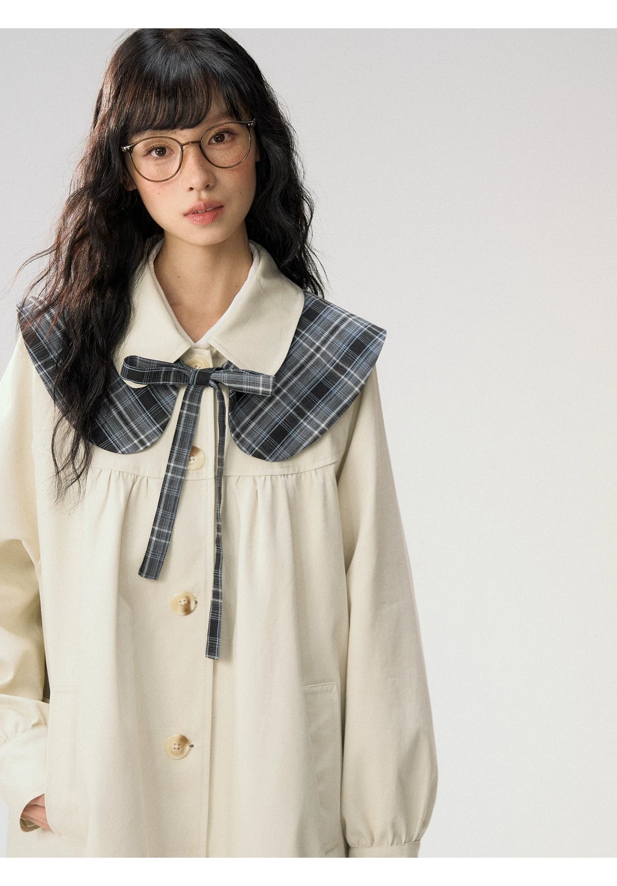 [CAN] “Oat Check Collar” Apricot Bow Cape Collar Trench Coat