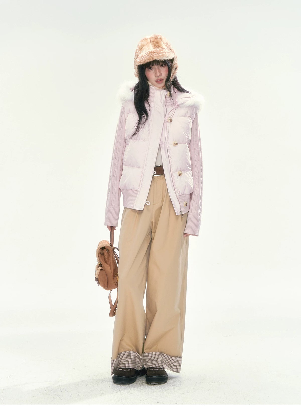 CAN - "The Macaron Affair" Cable-Knit Collar Puffer Jacket (Water Blue / Light Pink)