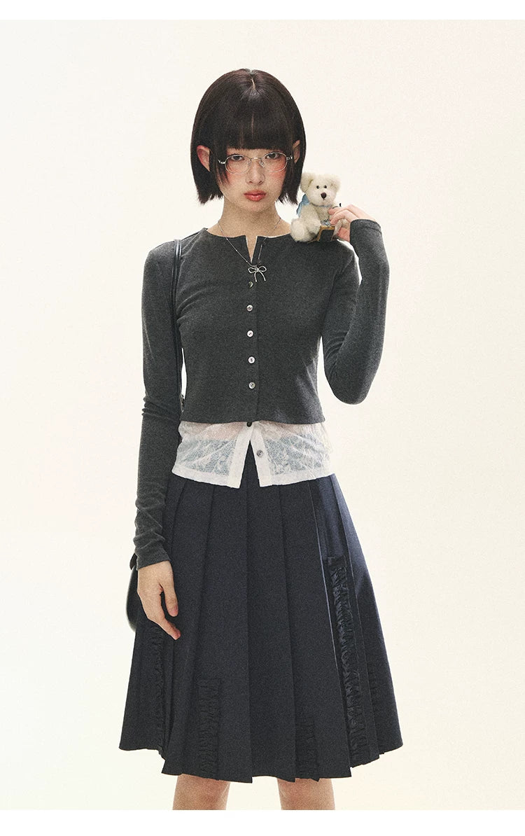 "Layered Blossom" Faux-Layer Knit Cardigan (Sakura Pink/ Heather Gray)
