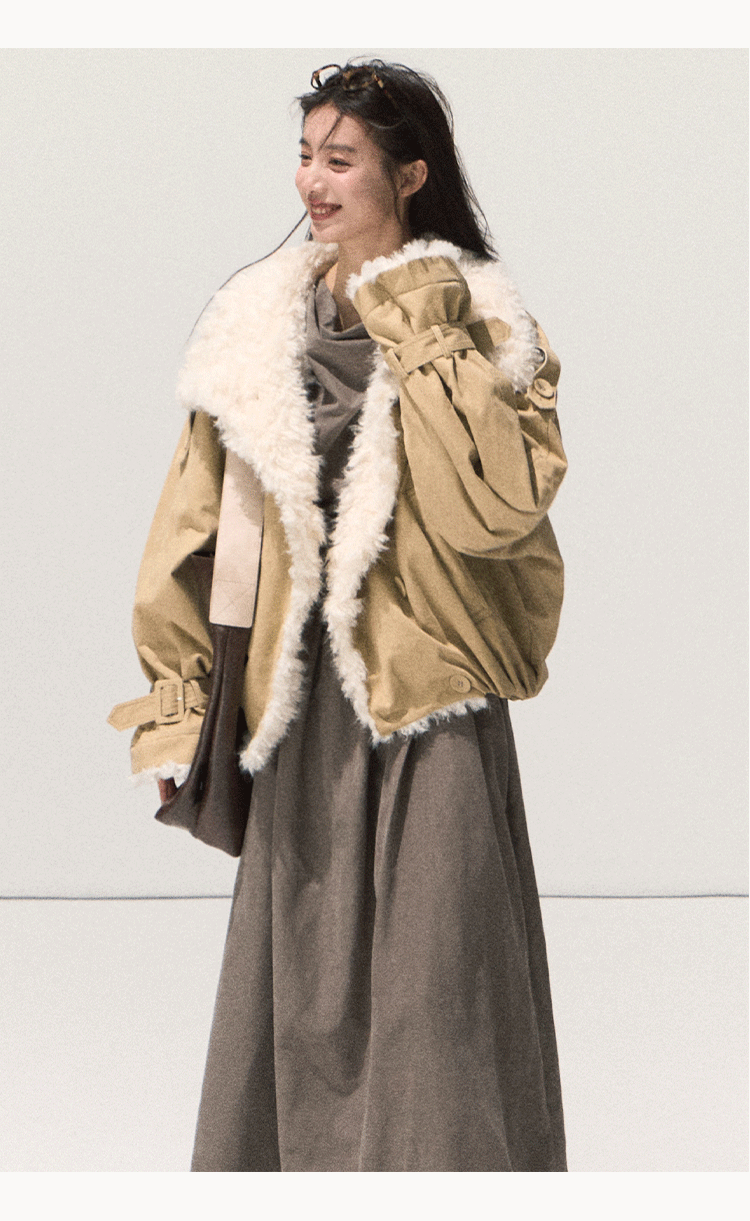 OAKMOO/ "A Night Under the Osmanthus Tree" Rich Black Lambswool-Trimmed Cropped Leather Jacket (Rich Black / Hazel Khaki)