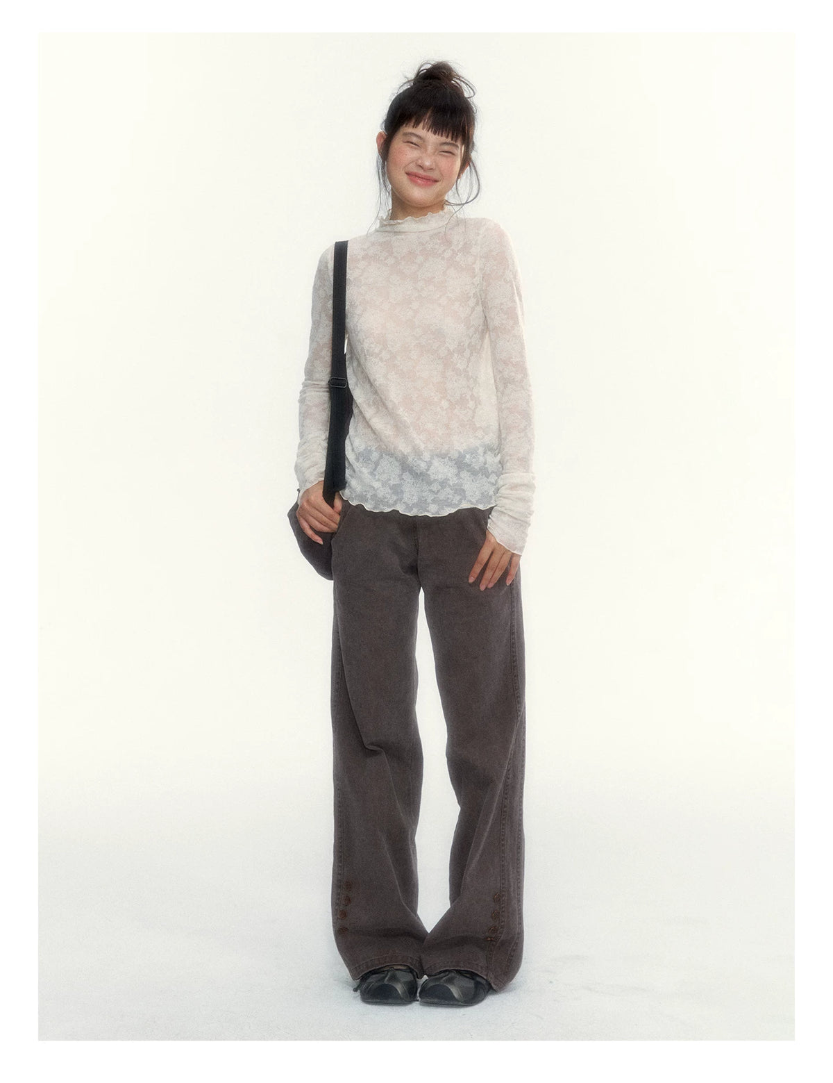 “Everyday Mist” Jacquard Lace Layering Top ( Ivory / Fog Gray )