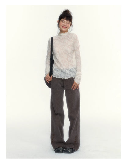 “Everyday Mist” Jacquard Lace Layering Top ( Ivory / Fog Gray )
